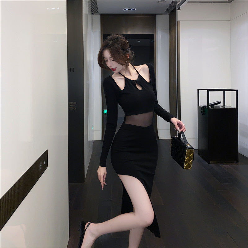 Classical Black Sheer Mesh Waist Long Sleeve Midi Dress Sexy Cutout High-Slit Bodycon Long Dress AP1899