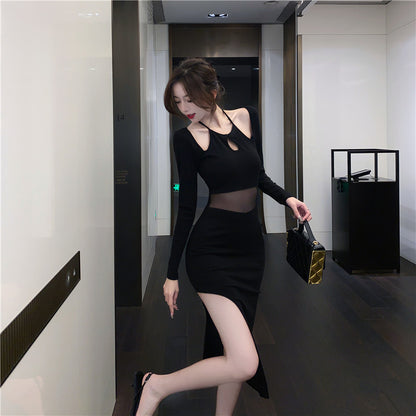 Classical Black Sheer Mesh Waist Long Sleeve Midi Dress Sexy Cutout High-Slit Bodycon Long Dress AP1899