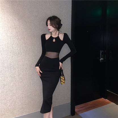 Classical Black Sheer Mesh Waist Long Sleeve Midi Dress Sexy Cutout High-Slit Bodycon Long Dress AP1899
