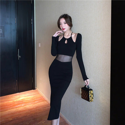 Classical Black Sheer Mesh Waist Long Sleeve Midi Dress Sexy Cutout High-Slit Bodycon Long Dress AP1899