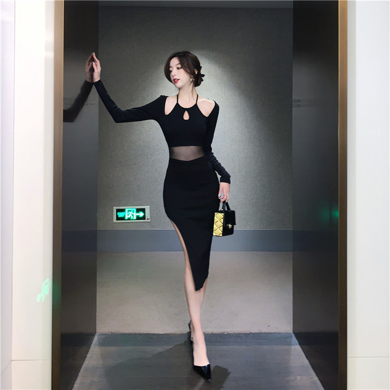 Classical Black Sheer Mesh Waist Long Sleeve Midi Dress Sexy Cutout High-Slit Bodycon Long Dress AP1899