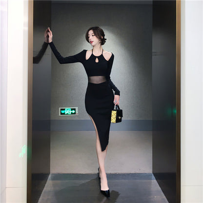 Classical Black Sheer Mesh Waist Long Sleeve Midi Dress Sexy Cutout High-Slit Bodycon Long Dress AP1899