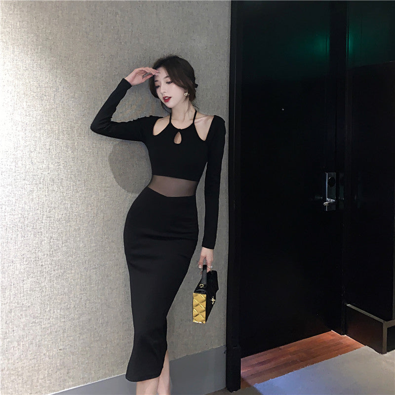 Classical Black Sheer Mesh Waist Long Sleeve Midi Dress Sexy Cutout High-Slit Bodycon Long Dress AP1899