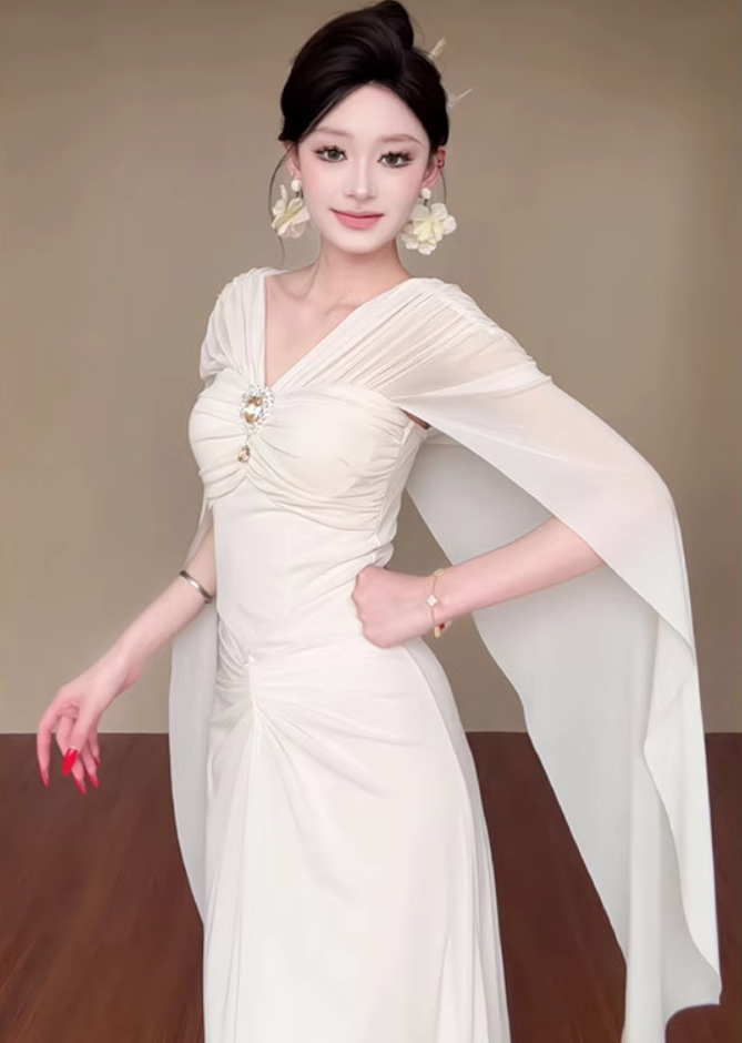 Romantic Flowy Cape Sleeves Ruched Waist Maxi Dress Ethereal Cinched Bodice Rhinestone Accent Long Dress AP1900