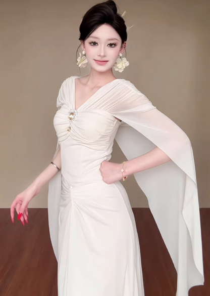 Romantic Flowy Cape Sleeves Ruched Waist Maxi Dress Ethereal Cinched Bodice Rhinestone Accent Long Dress AP1900