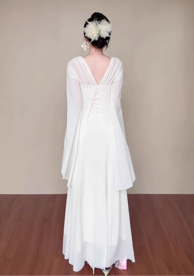 Romantic Flowy Cape Sleeves Ruched Waist Maxi Dress Ethereal Cinched Bodice Rhinestone Accent Long Dress AP1900