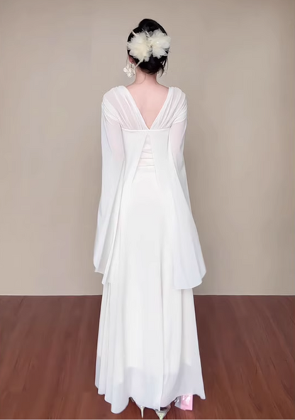 Romantic Flowy Cape Sleeves Ruched Waist Maxi Dress Ethereal Cinched Bodice Rhinestone Accent Long Dress AP1900