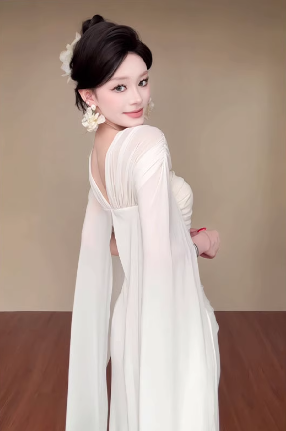 Romantic Flowy Cape Sleeves Ruched Waist Maxi Dress Ethereal Cinched Bodice Rhinestone Accent Long Dress AP1900