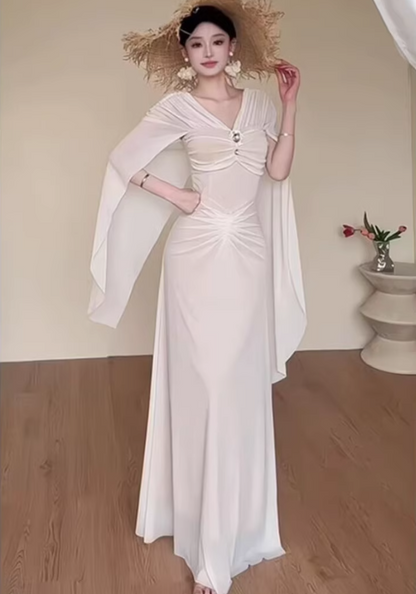 Romantic Flowy Cape Sleeves Ruched Waist Maxi Dress Ethereal Cinched Bodice Rhinestone Accent Long Dress AP1900