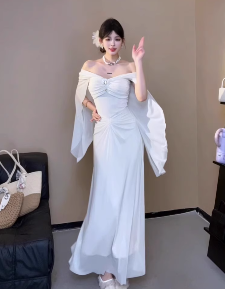 Romantic Flowy Cape Sleeves Ruched Waist Maxi Dress Ethereal Cinched Bodice Rhinestone Accent Long Dress AP1900