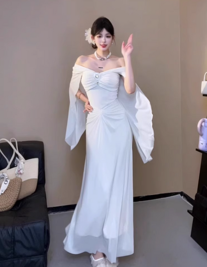 Romantic Flowy Cape Sleeves Ruched Waist Maxi Dress Ethereal Cinched Bodice Rhinestone Accent Long Dress AP1900