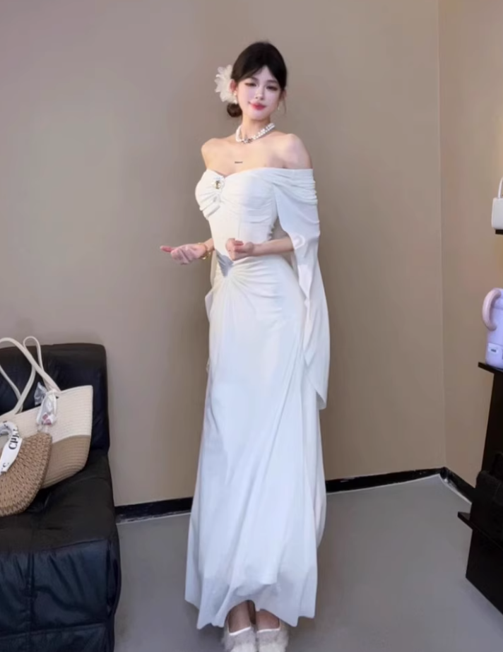 Romantic Flowy Cape Sleeves Ruched Waist Maxi Dress Ethereal Cinched Bodice Rhinestone Accent Long Dress AP1900