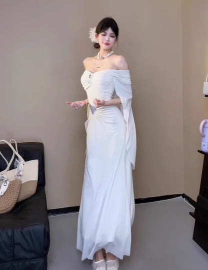 Romantic Flowy Cape Sleeves Ruched Waist Maxi Dress Ethereal Cinched Bodice Rhinestone Accent Long Dress AP1900