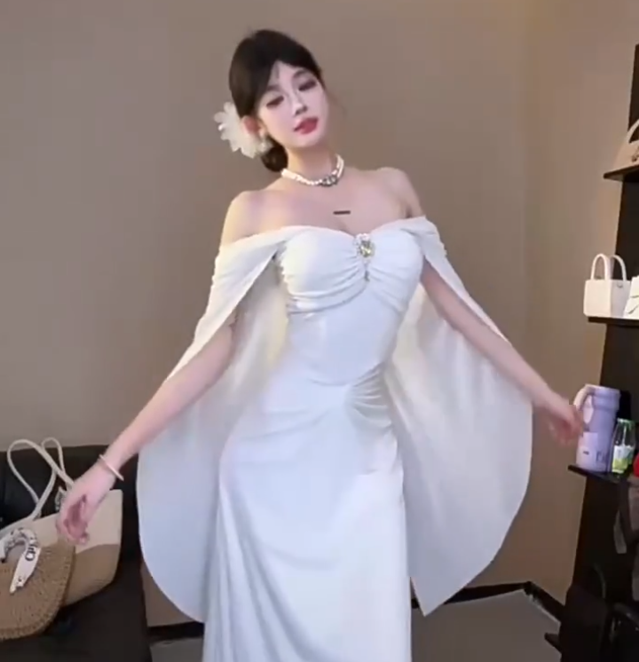 Romantic Flowy Cape Sleeves Ruched Waist Maxi Dress Ethereal Cinched Bodice Rhinestone Accent Long Dress AP1900