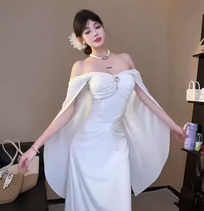 Romantic Flowy Cape Sleeves Ruched Waist Maxi Dress Ethereal Cinched Bodice Rhinestone Accent Long Dress AP1900