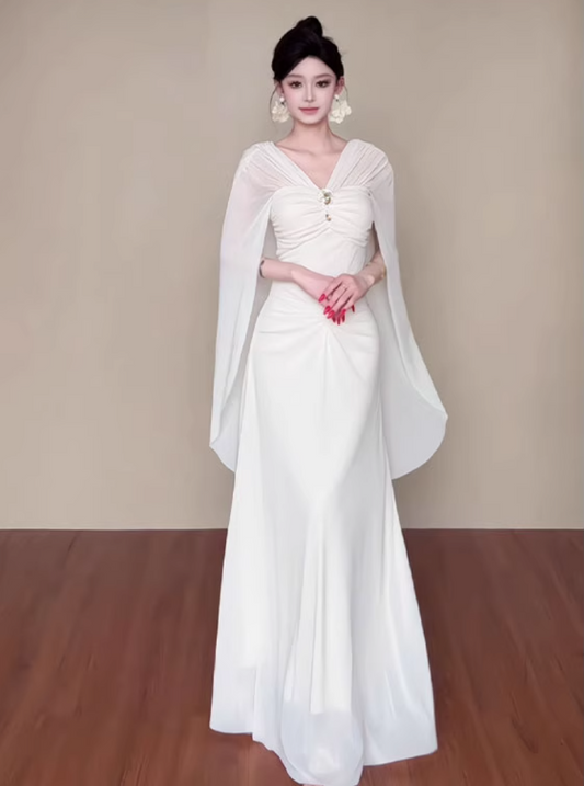 Romantic Flowy Cape Sleeves Ruched Waist Maxi Dress Ethereal Cinched Bodice Rhinestone Accent Long Dress AP1900