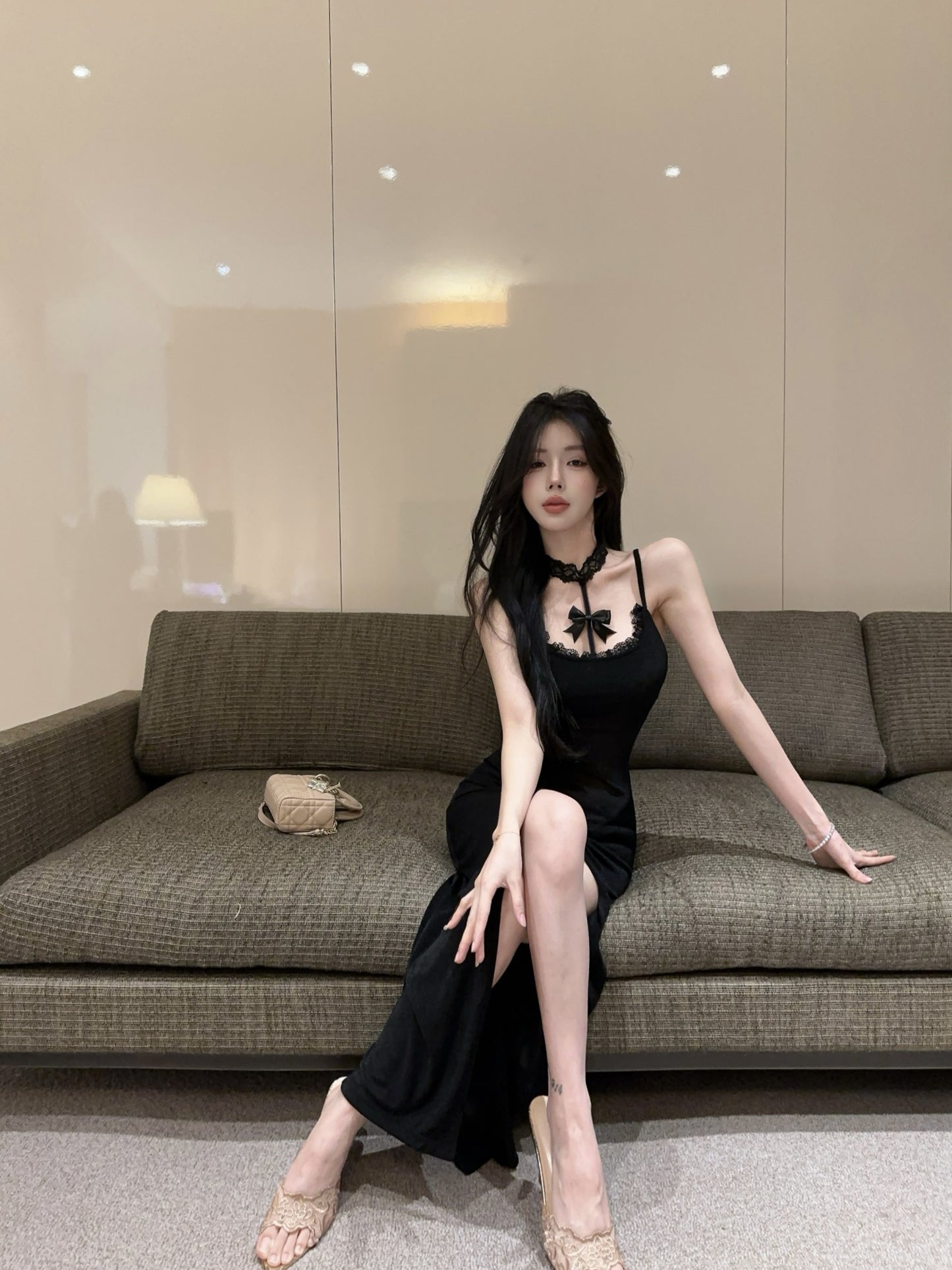 Hot Girls Black Bodycon Bow Accent Maxi Dress Gen Z Style Lace Trimmed Spaghetti Straps High Slit Long Dress AP1901