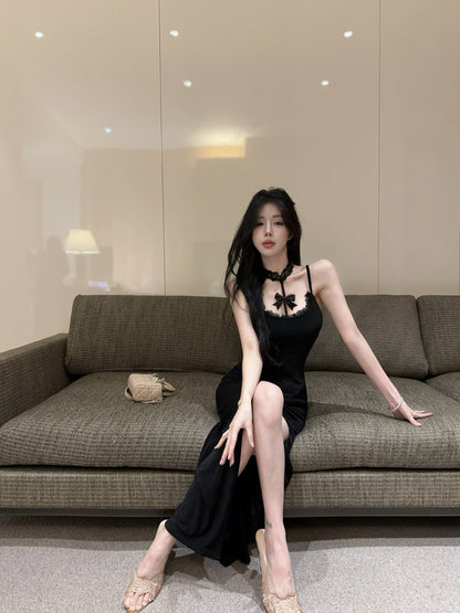 Hot Girls Black Bodycon Bow Accent Maxi Dress Gen Z Style Lace Trimmed Spaghetti Straps High Slit Long Dress AP1901