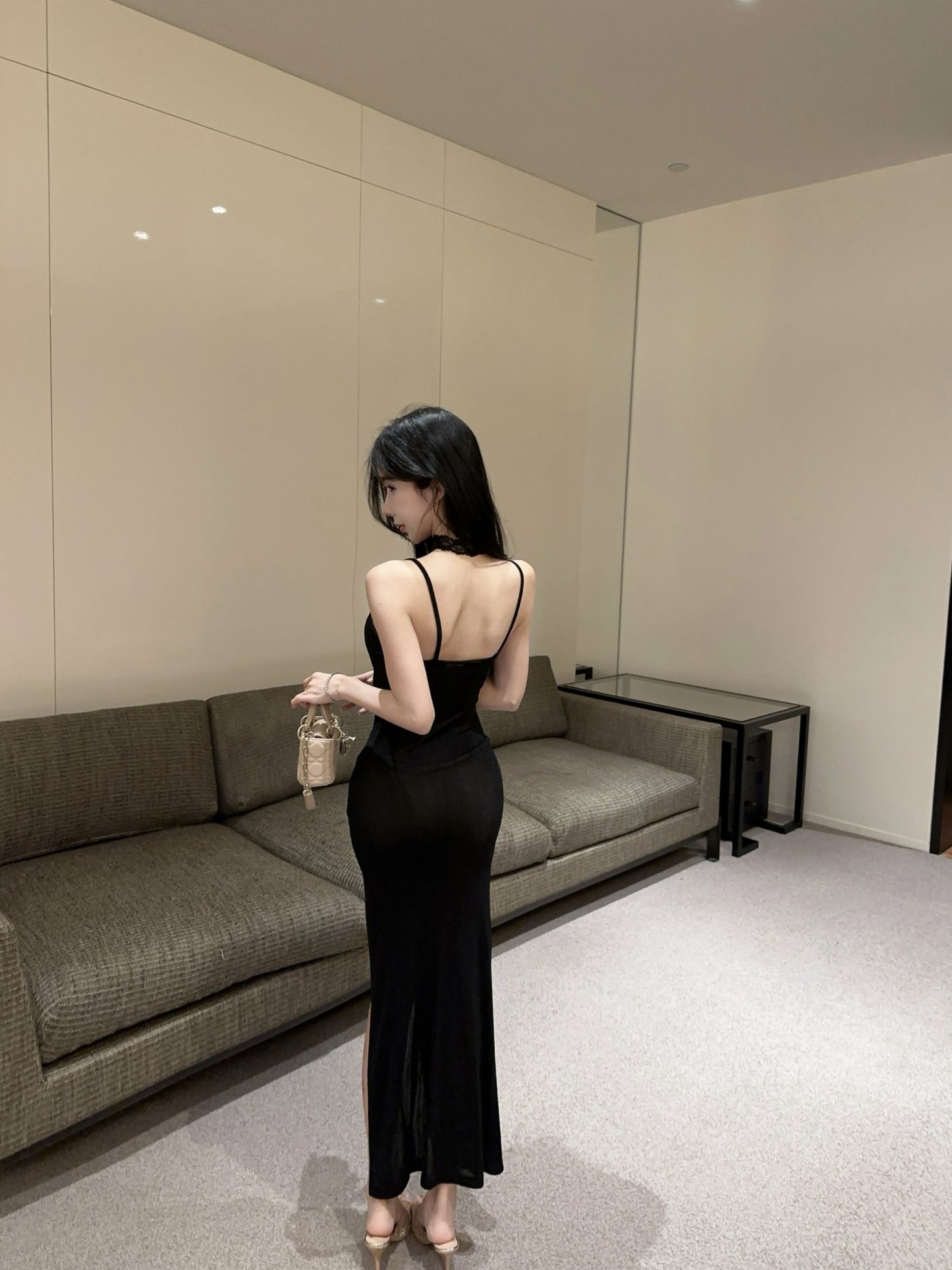 Hot Girls Black Bodycon Bow Accent Maxi Dress Gen Z Style Lace Trimmed Spaghetti Straps High Slit Long Dress AP1901