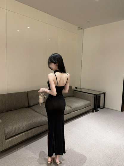 Hot Girls Black Bodycon Bow Accent Maxi Dress Gen Z Style Lace Trimmed Spaghetti Straps High Slit Long Dress AP1901