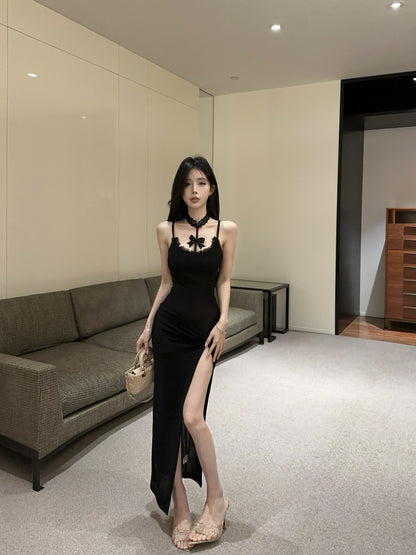 Hot Girls Black Bodycon Bow Accent Maxi Dress Gen Z Style Lace Trimmed Spaghetti Straps High Slit Long Dress AP1901