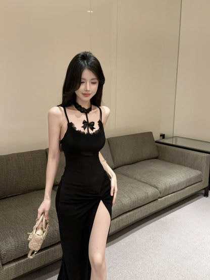 Hot Girls Black Bodycon Bow Accent Maxi Dress Gen Z Style Lace Trimmed Spaghetti Straps High Slit Long Dress AP1901