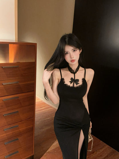 Hot Girls Black Bodycon Bow Accent Maxi Dress Gen Z Style Lace Trimmed Spaghetti Straps High Slit Long Dress AP1901