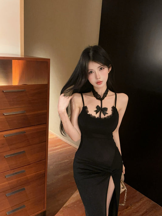 Hot Girls Black Bodycon Bow Accent Maxi Dress Gen Z Style Lace Trimmed Spaghetti Straps High Slit Long Dress AP1901