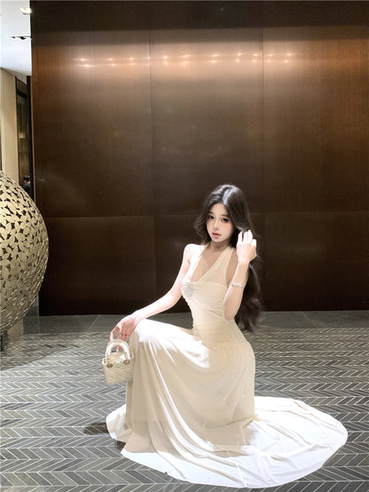 Graceful Rhinestone Design Cinched-Waist Maxi Dress French Style Feast Outfit Tulle OverlayFlowy Hem Halter Dress  AP1902