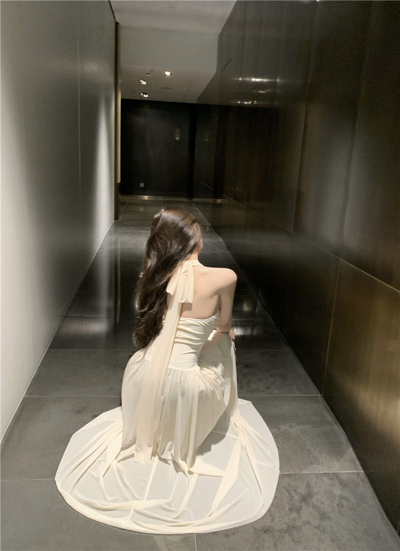 Graceful Rhinestone Design Cinched-Waist Maxi Dress French Style Feast Outfit Tulle OverlayFlowy Hem Halter Dress  AP1902