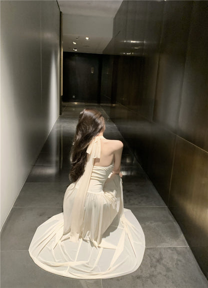 Graceful Rhinestone Design Cinched-Waist Maxi Dress French Style Feast Outfit Tulle OverlayFlowy Hem Halter Dress  AP1902