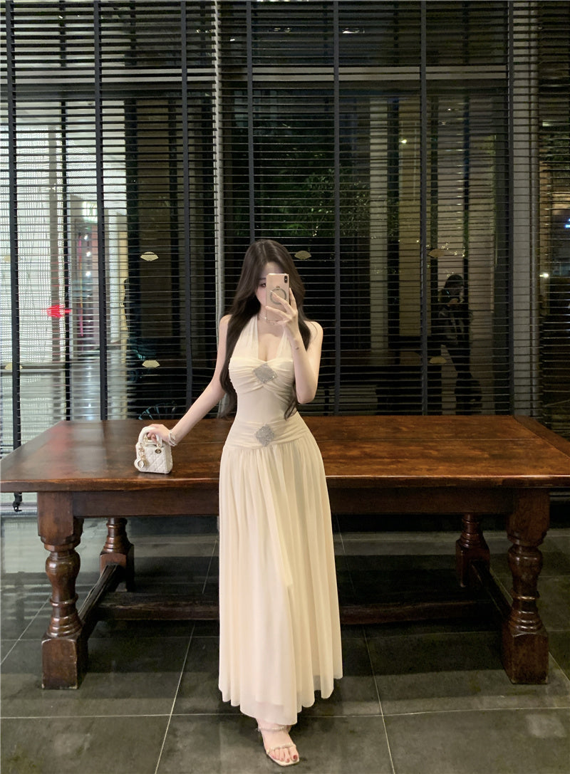 Graceful Rhinestone Design Cinched-Waist Maxi Dress French Style Feast Outfit Tulle OverlayFlowy Hem Halter Dress  AP1902