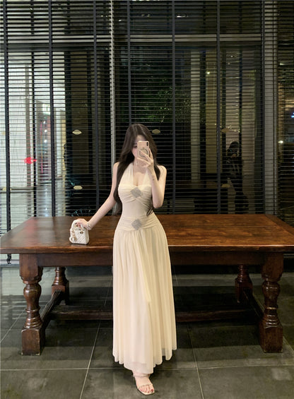 Graceful Rhinestone Design Cinched-Waist Maxi Dress French Style Feast Outfit Tulle OverlayFlowy Hem Halter Dress  AP1902