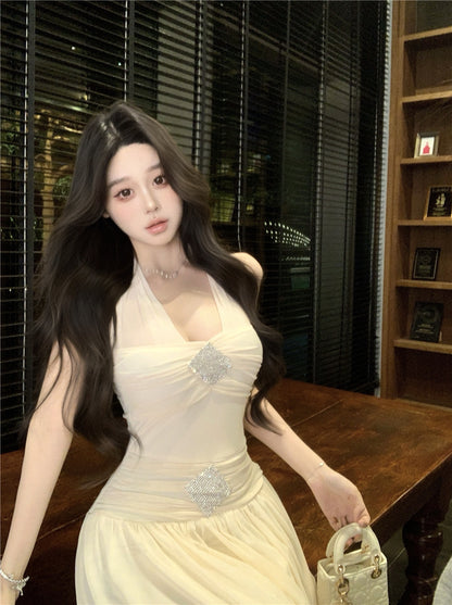 Graceful Rhinestone Design Cinched-Waist Maxi Dress French Style Feast Outfit Tulle OverlayFlowy Hem Halter Dress  AP1902