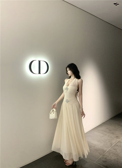 Graceful Rhinestone Design Cinched-Waist Maxi Dress French Style Feast Outfit Tulle OverlayFlowy Hem Halter Dress  AP1902