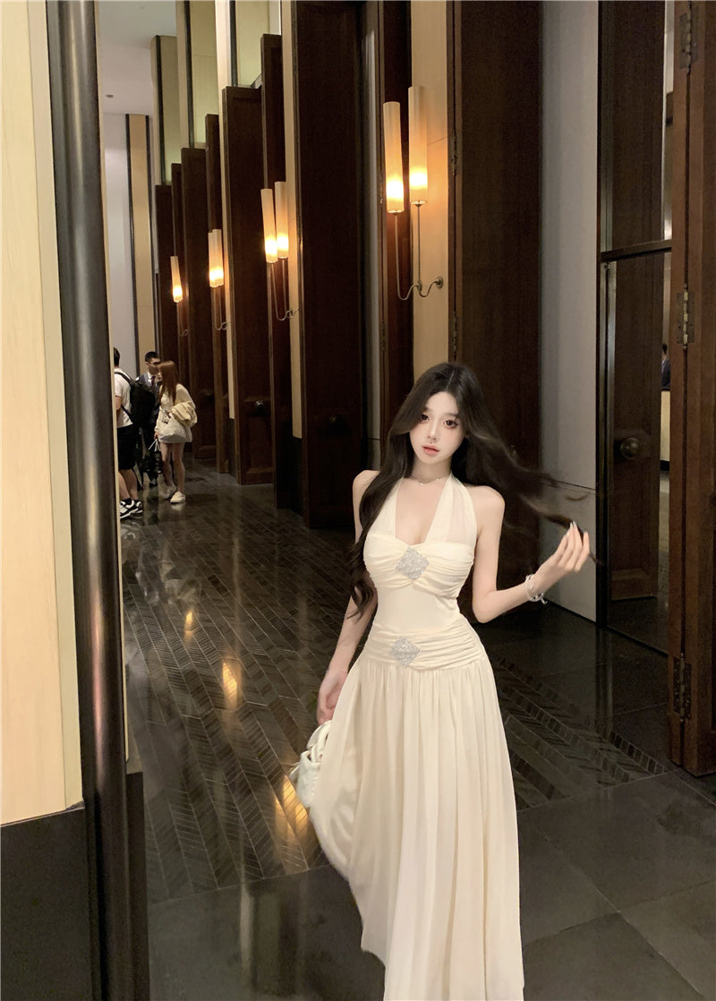 Graceful Rhinestone Design Cinched-Waist Maxi Dress French Style Feast Outfit Tulle OverlayFlowy Hem Halter Dress  AP1902