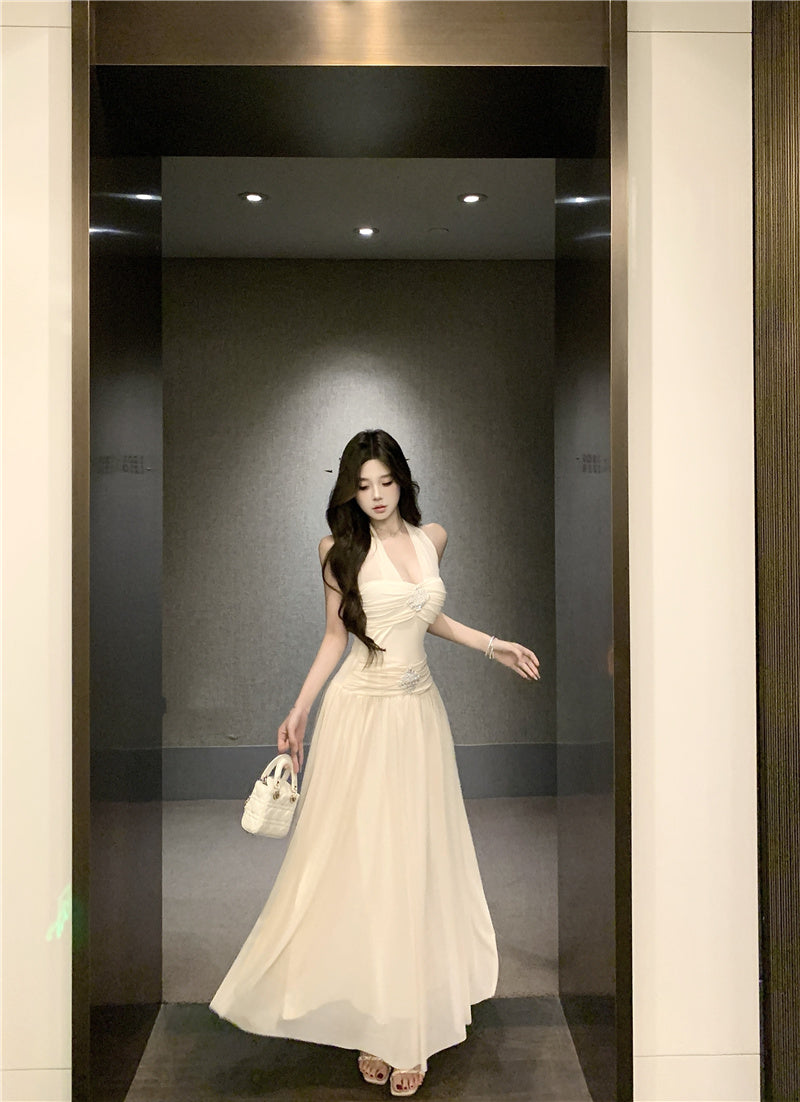 Graceful Rhinestone Design Cinched-Waist Maxi Dress French Style Feast Outfit Tulle OverlayFlowy Hem Halter Dress  AP1902