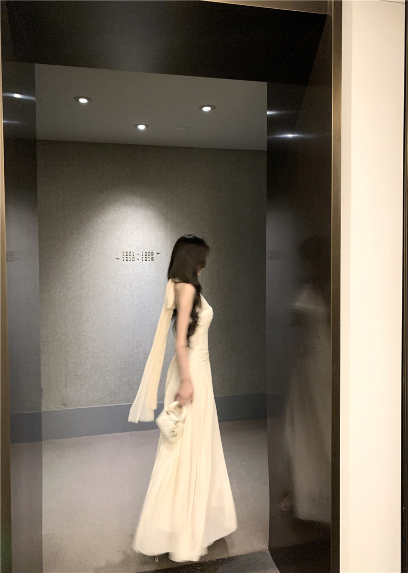 Graceful Rhinestone Design Cinched-Waist Maxi Dress French Style Feast Outfit Tulle OverlayFlowy Hem Halter Dress  AP1902