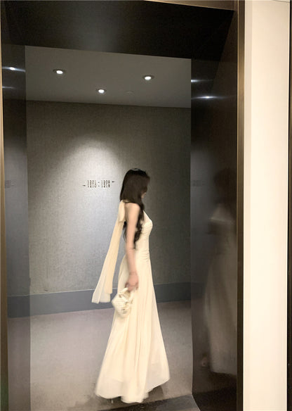 Graceful Rhinestone Design Cinched-Waist Maxi Dress French Style Feast Outfit Tulle OverlayFlowy Hem Halter Dress  AP1902