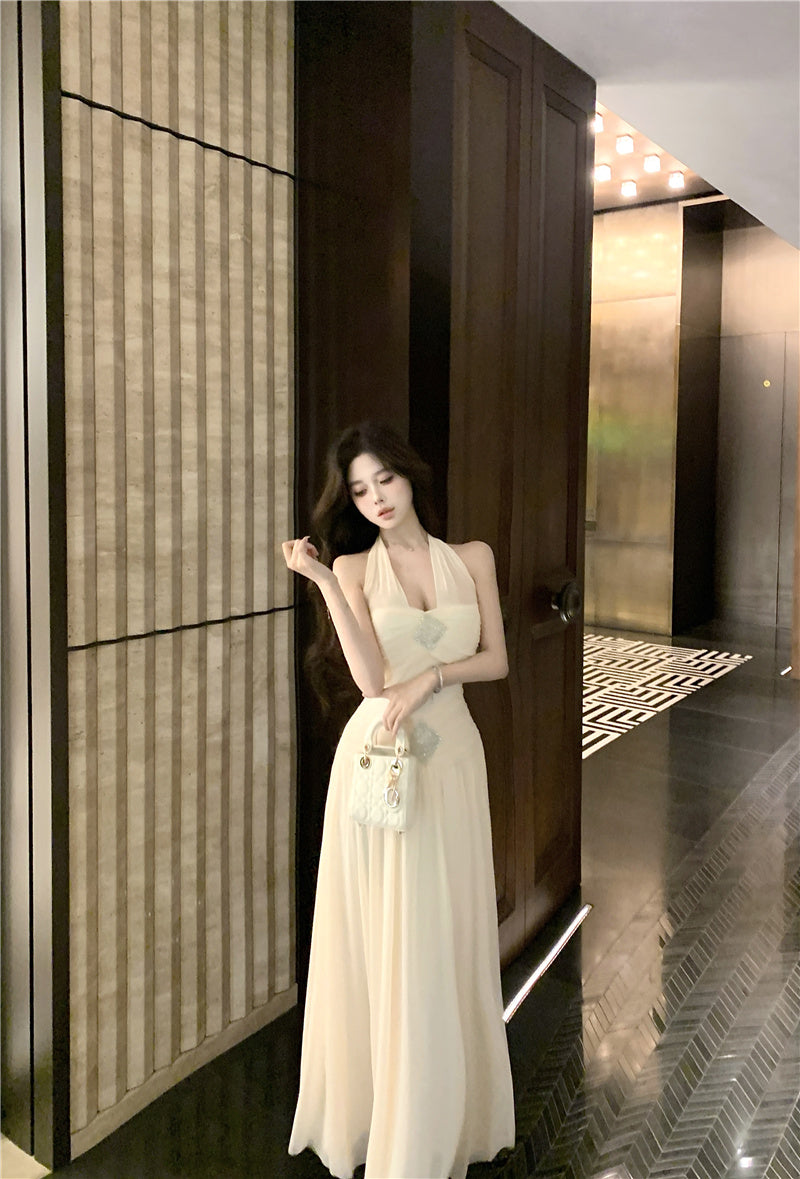 Graceful Rhinestone Design Cinched-Waist Maxi Dress French Style Feast Outfit Tulle OverlayFlowy Hem Halter Dress  AP1902