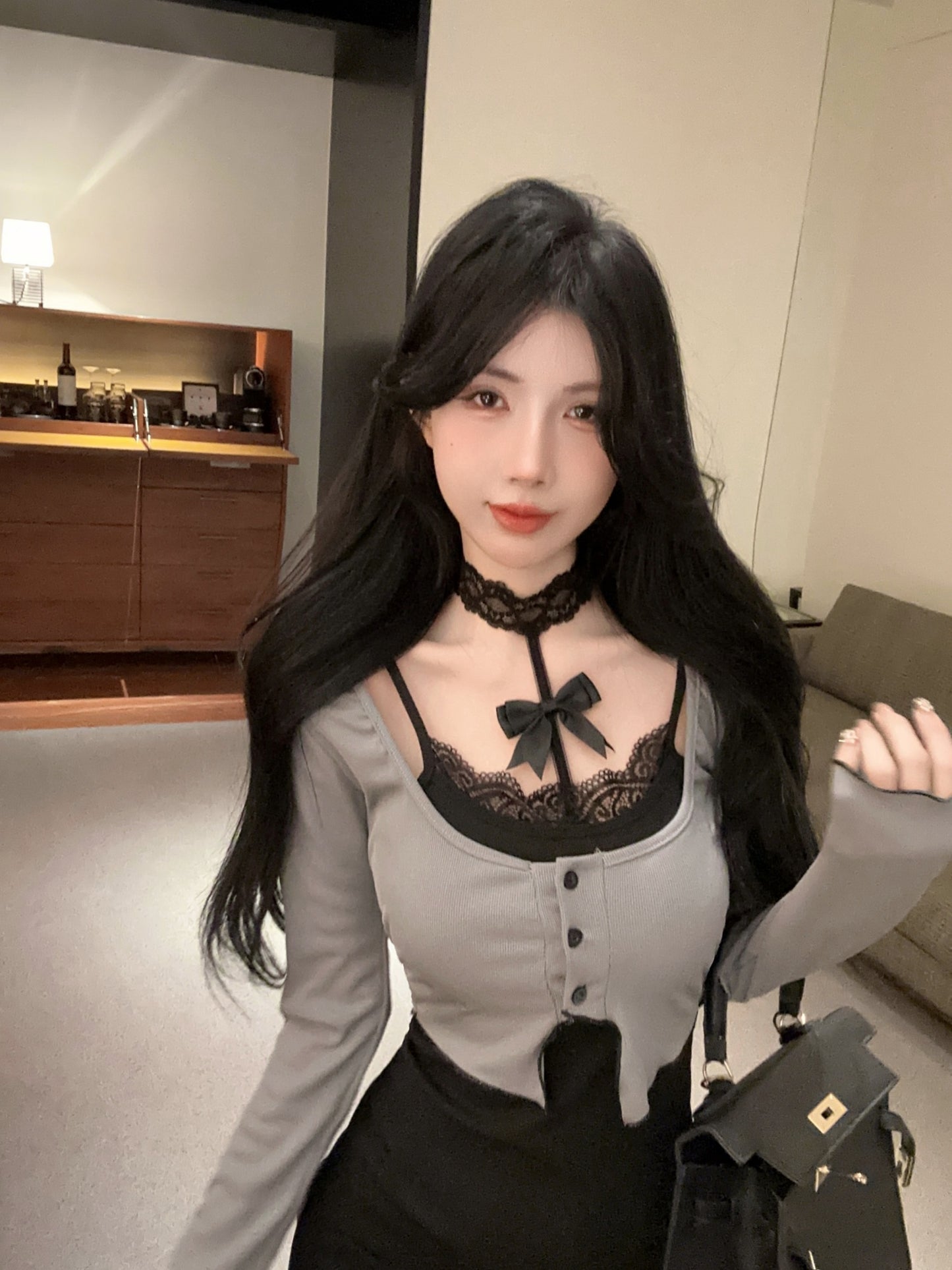 Gen Z Style False Two-Piece Lace Trimmed Sheath Mini Skirt Y2K Hot Girls Button-Front Long Sleeves Short Dress AP1903