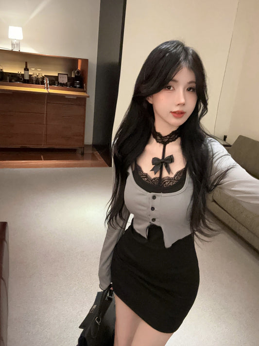 Gen Z Style False Two-Piece Lace Trimmed Sheath Mini Skirt Y2K Hot Girls Button-Front Long Sleeves Short Dress AP1903