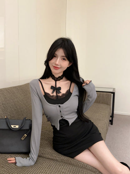 Gen Z Style False Two-Piece Lace Trimmed Sheath Mini Skirt Y2K Hot Girls Button-Front Long Sleeves Short Dress AP1903