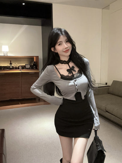 Gen Z Style False Two-Piece Lace Trimmed Sheath Mini Skirt Y2K Hot Girls Button-Front Long Sleeves Short Dress AP1903