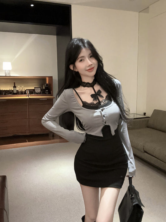 Gen Z Style False Two-Piece Lace Trimmed Sheath Mini Skirt Y2K Hot Girls Button-Front Long Sleeves Short Dress AP1903