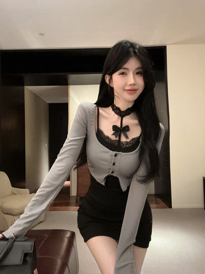 Gen Z Style False Two-Piece Lace Trimmed Sheath Mini Skirt Y2K Hot Girls Button-Front Long Sleeves Short Dress AP1903