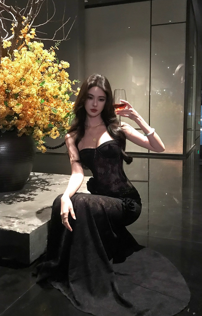 Graceful Black Sheer Lace Strapless Mermaid Maxi Skirt Vogue 3D Flower Accent Luxury Nightouts Long Dress AP1904