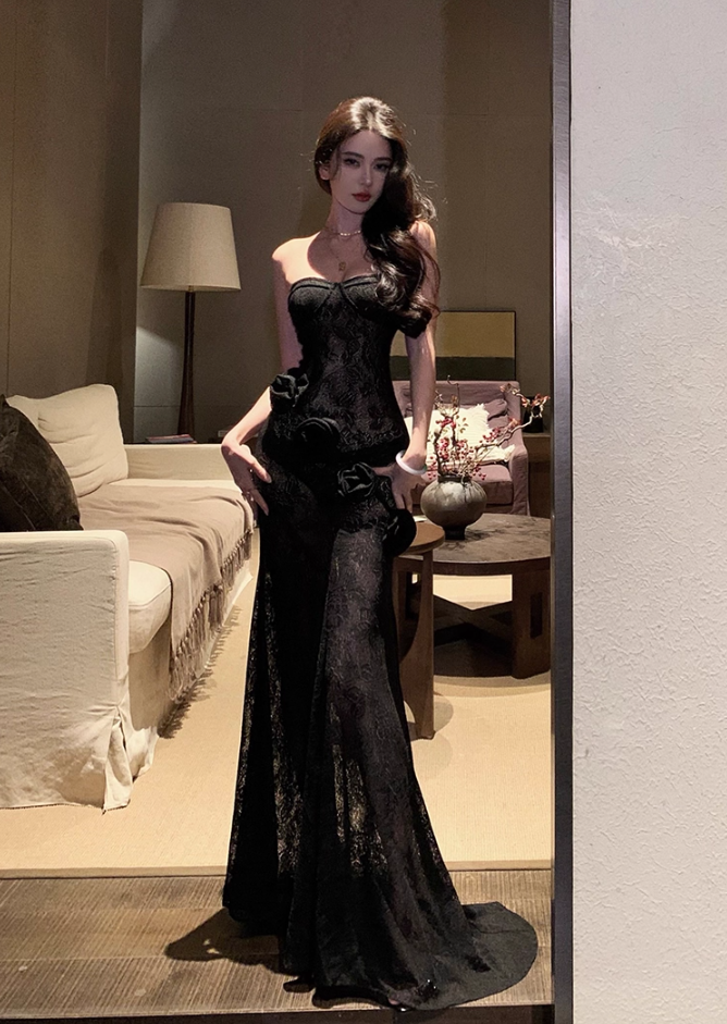 Graceful Black Sheer Lace Strapless Mermaid Maxi Skirt Vogue 3D Flower Accent Luxury Nightouts Long Dress AP1904
