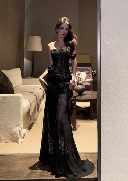 Graceful Black Sheer Lace Strapless Mermaid Maxi Skirt Vogue 3D Flower Accent Luxury Nightouts Long Dress AP1904