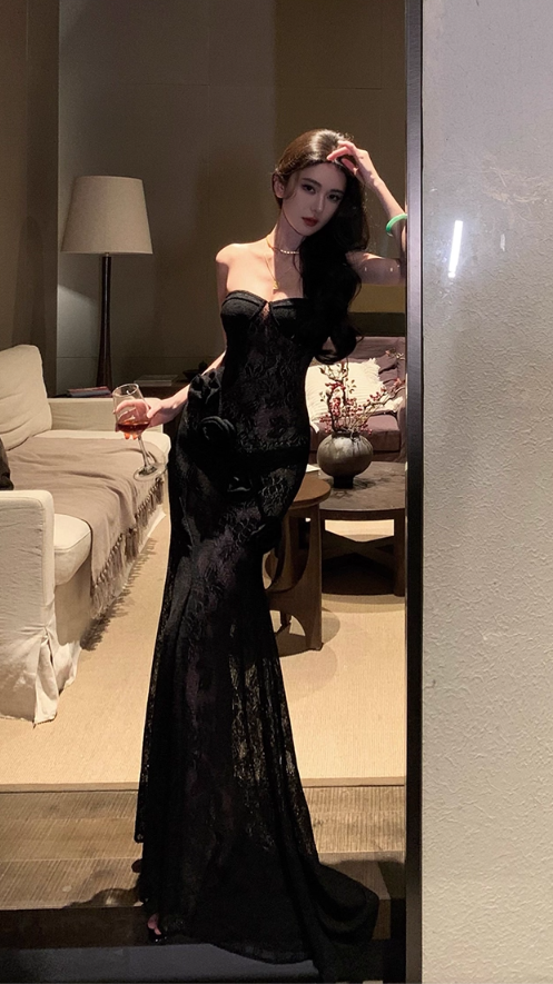 Graceful Black Sheer Lace Strapless Mermaid Maxi Skirt Vogue 3D Flower Accent Luxury Nightouts Long Dress AP1904